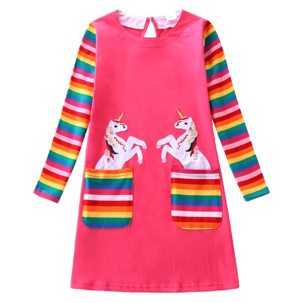 【3Y-8Y】Girl Sweet Rose Red Unicorn Embroidery Pocket Splicing Rainbow Stripe Long Sleeve Dress - Thefolls.com 