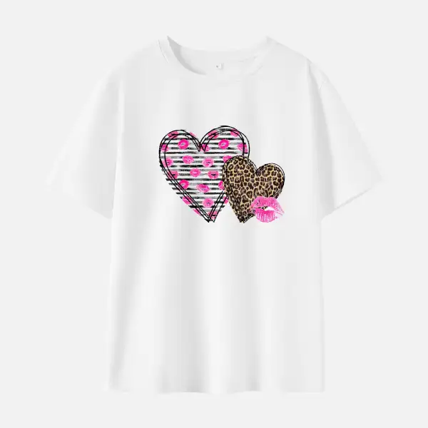 Women Leopard Lips Heart-shaped Print Cotton Stain Resistant Short Sleeve T-shirt - Thefolls.com 