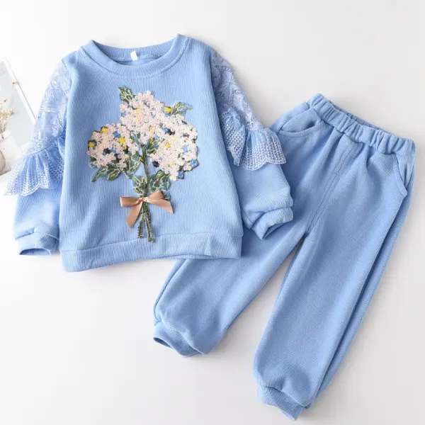 【12M-5Y】2-piece Girls Sweet Floral Embroidery And Lace Ruffle Sleeves Long-sleeved Sweatshirt And Pants Set - Thefolls.com 