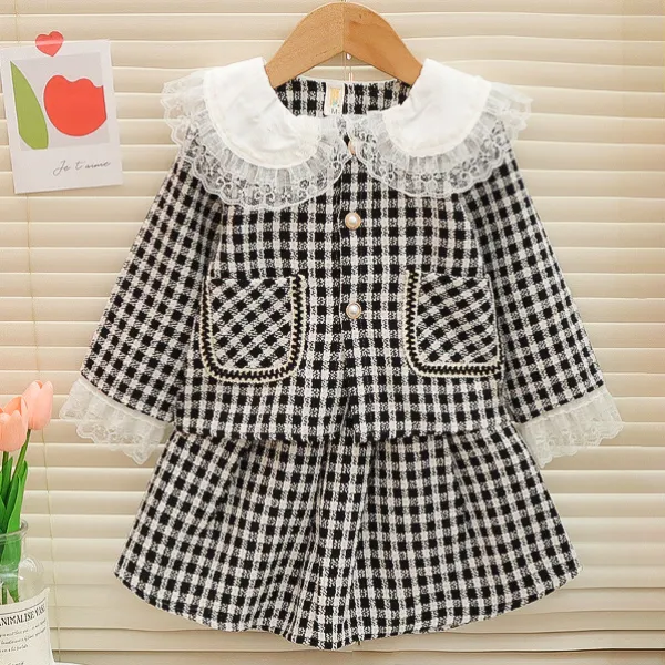 【12M-4Y】2-piece Girls Fashionable Lapel Plaid Jacket And Skirt Set - Thefolls.com 