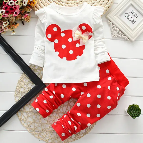 【9M-7Y】2-piece Girls Polka Dot Print Long-sleeved T-shirt And Pants Set - 34276 - Thefolls.com 