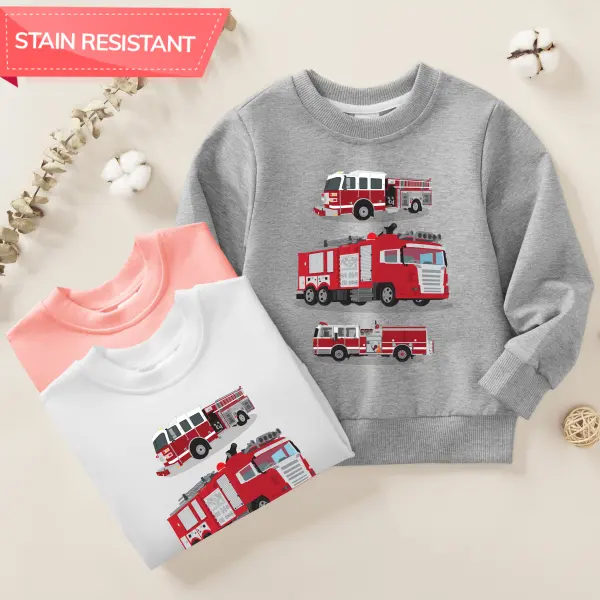 【12M-9Y】Boys Fashion Fire Truck Print Cotton Stain Resistant Long Sleeve Sweatshirt - Thefolls.com 