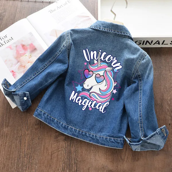 【18M-11Y】Girls Fashion Unicorn Print Blue Denim Jacket - Thefolls.com 