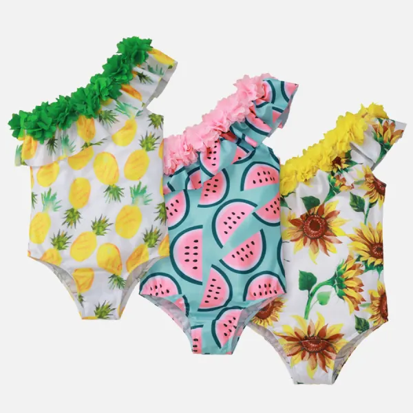 【18M-5Y】Girls Fruit Printed Lace Slanted Shoulder One-Piece Swimsuit - 002 - Thefolls.com 