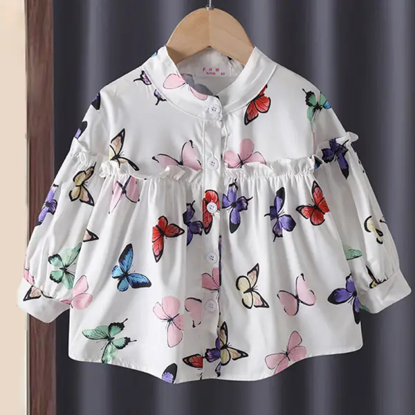 【18M-6Y】Girls White Butterfly Print Long Sleeve Shirt - Thefolls.com 