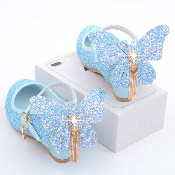 Girls Sweet Shiny Bow And Gold Tassel Mid Heel Princess Shoes Party Shoes - Thefolls.com 