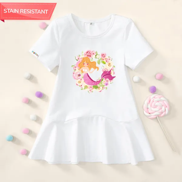 【18M-7Y】Girl Stain Resistant Cotton Mermaid Print Short-sleeve Dress - Thefolls.com 