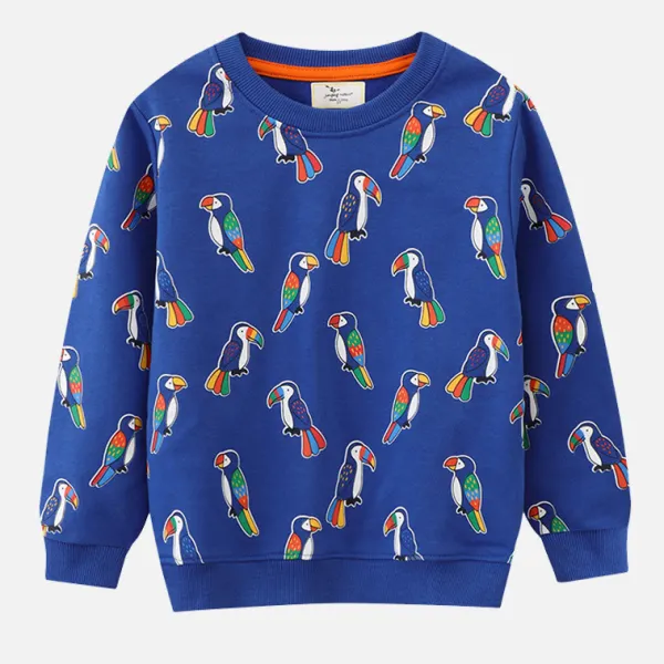 【18M-7Y】Boys Casual Cartoon Parrot Print Round Neck Long Sleeve Blue Sweatshirt - Thefolls.com 