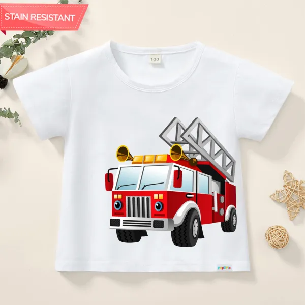 【12M-9Y】Boy Cute Cotton Stain Resistant Fire Engine Print Short Sleeve T-shirt - Thefolls.com 