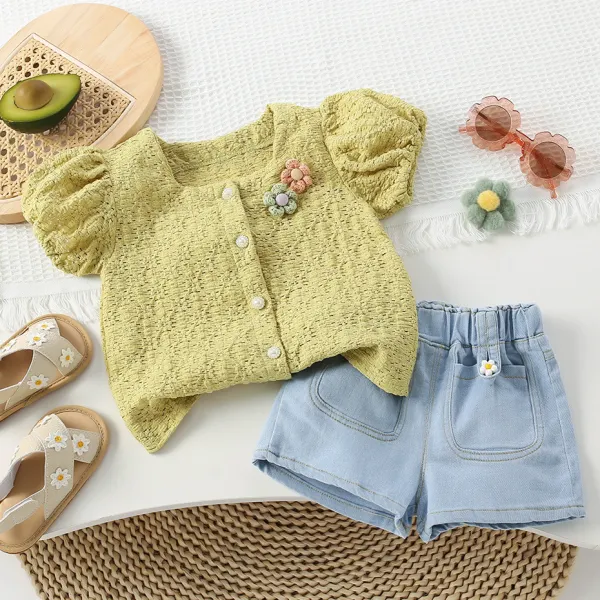 【12M-7Y】2-piece Girls Fashion Flower Puff Sleeve Top And Blue Denim Shorts Set - 34396 - Thefolls.com 