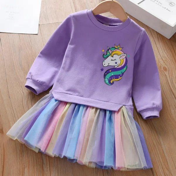 【3Y-11Y】Girls Unicorn Print Rainbow Mesh Long Sleeve Dress - 33250 - Delovelybug.com 