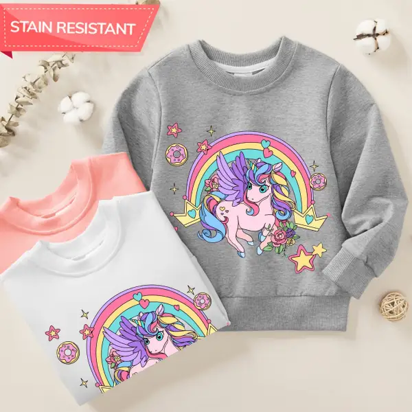 【12M-9Y】Girl Cotton Stain Resistant Rainbow Unicorn Print Long Sleeve Sweatshirt - Thefolls.com 