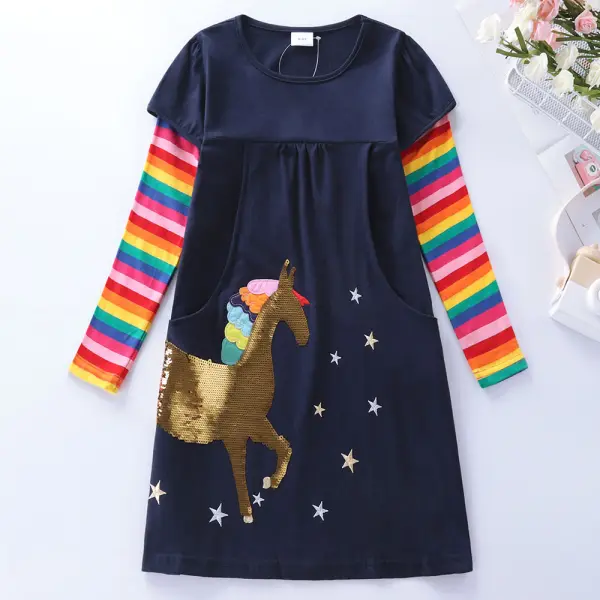 【3Y-8Y】Girls Navy Rainbow Stripe Sequined Unicorn Embroidered Long Sleeve Dress - Thefolls.com 