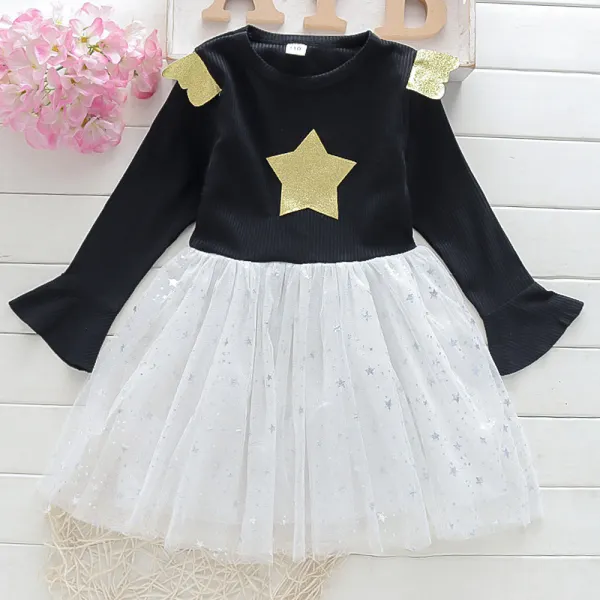 【18M-6Y】Girls Black Star Print Mesh Long Sleeve Dress - Thefolls.com 