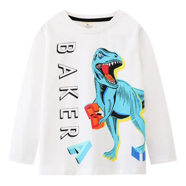 【18M-7Y】Boys Casual Dinosaur And Letter Print Round Neck Long Sleeve T-shirt - Thefolls.com 