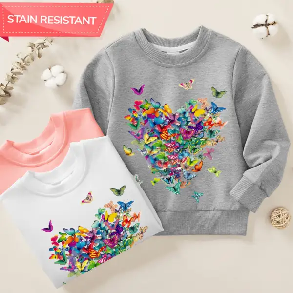 【12M-9Y】Girl Cotton Stain Resistant Colorful Butterfly Heart Print Long Sleeve Sweatshirt - Thefolls.com 