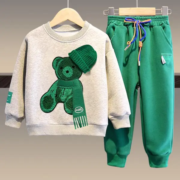 【3Y-12Y】2-piece Boys Bear Embroidery Long-sleeved Sweatshirt And Pants Set - Thefolls.com 