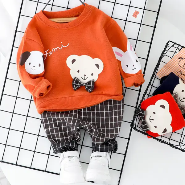 【6M-4Y】Boys Cartoon Print Bowknot Sweatshirt And Plaid Pants Set - Thefolls.com 