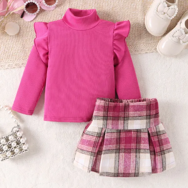 【12M-5Y】2-piece Girl Sweet Rose High Neck Ruffle Long Sleeve T-shirt And Plaid Pleated Skirt Set - Thefolls.com 