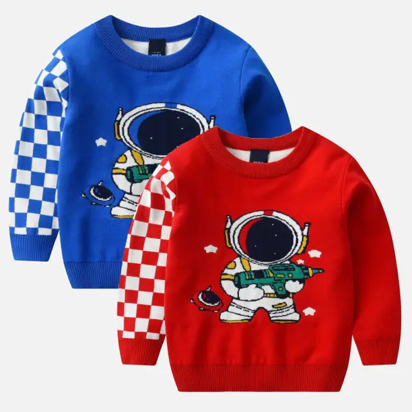 【3Y-10Y】Boys Astronauts Pattern Round Neck Long Sleeve Sweater - Thefolls.com 