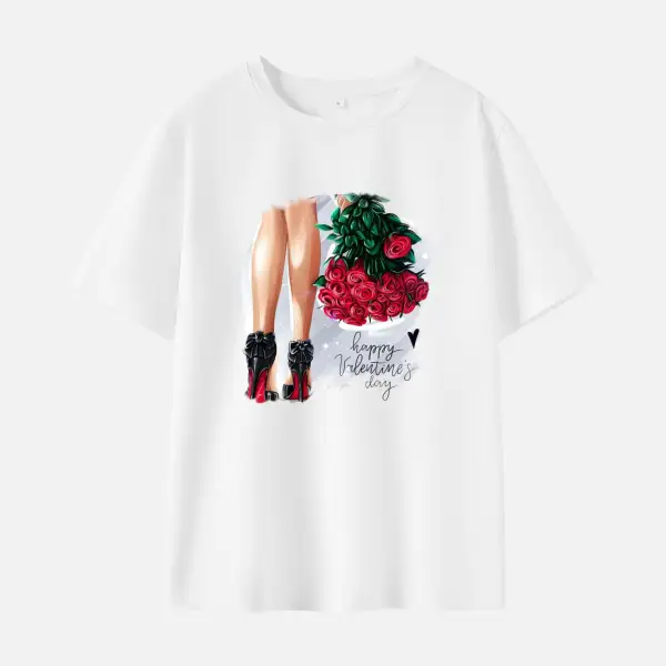 Women Rose Beauty Print Cotton Stain Resistant Short Sleeve T-shirt - Thefolls.com 