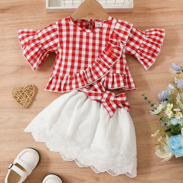 【3M-3Y】2-piece Baby Girls Cute Ruffled Plaid Top And Floral Embroidered White Skirt Set - Thefolls.com 