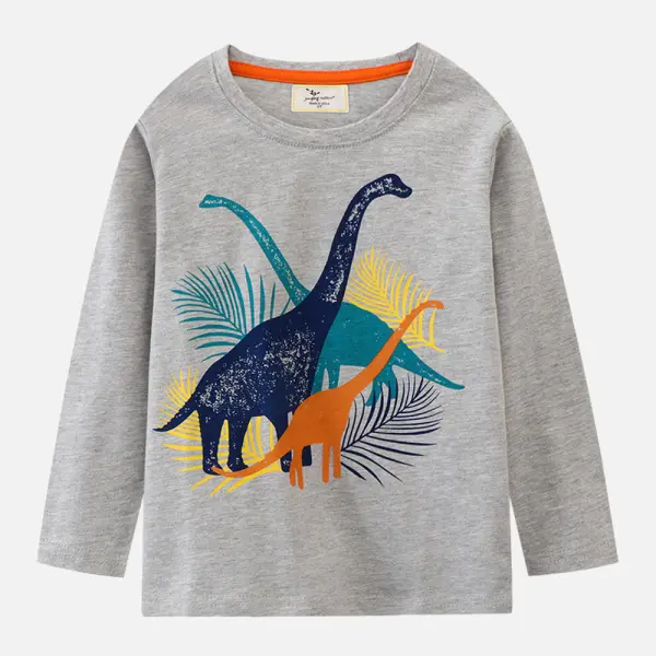 【18M-7Y】Boys Gray Dinosaur Print Round Neck Long Sleeve T-shirt - Thefolls.com 