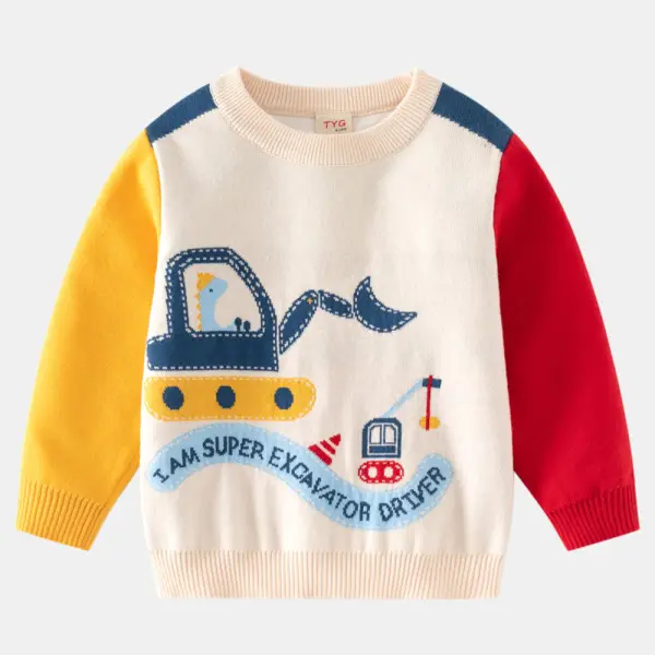 【2Y-8Y】Boys Excavator Pattern Round Neck Long Sleeve Sweater - Thefolls.com 