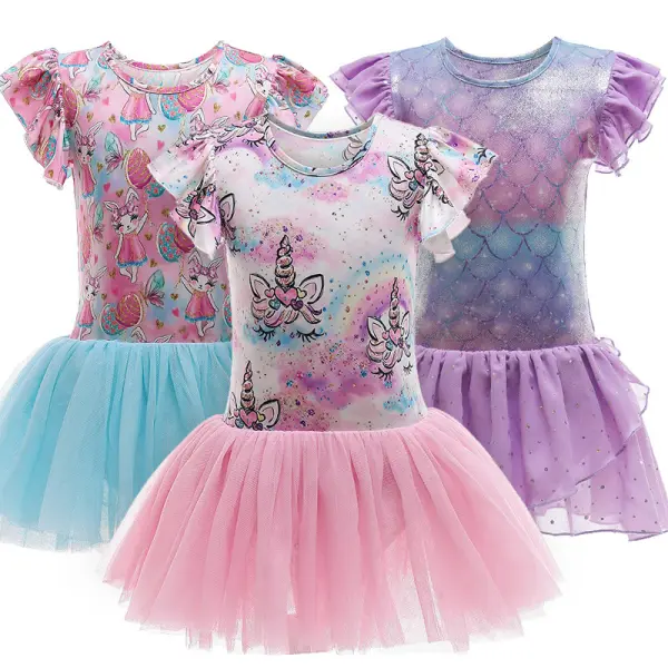 【18M-11Y】Sweet Mesh Unicorn Short Sleeve Princess Dress - 33146 - Thefolls.com 