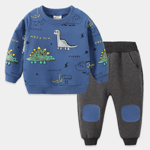 【18M-7Y】2-piece Boys Dinosaur Print Round Neck Long Sleeve Sweatshirt And Pants Set - Thefolls.com 