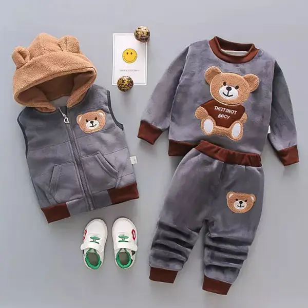 【12M-4Y】Kids Hooded Vest Cartoon Bear Embroidered Coral Fleece Sweatshirt And Pants 3-piece Set - 9203 - Thefolls.com 