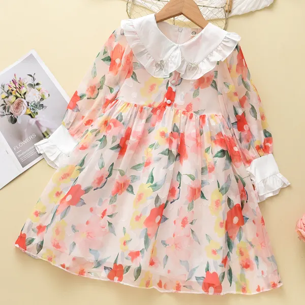 【18M-8Y】Girls Sweet Orange Floral Print Lapel Long Sleeve Dress - Thefolls.com 