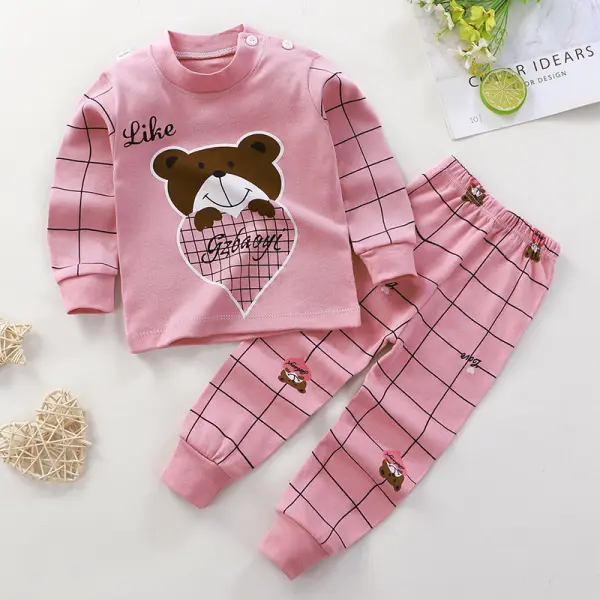 【9M-5Y】Kids Cute Cartoon Print Cotton Long Sleeve Tee And Pants Pajamas Set - 4406 - Thefolls.com 