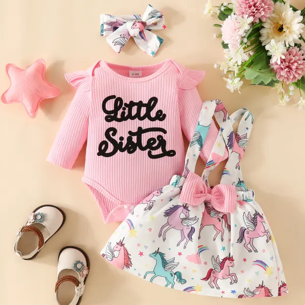 【0M-18M】3-piece Baby Girls Cute Letter Print Romper And Unicorn Print Skirt Set With Hair Band - Thefolls.com 