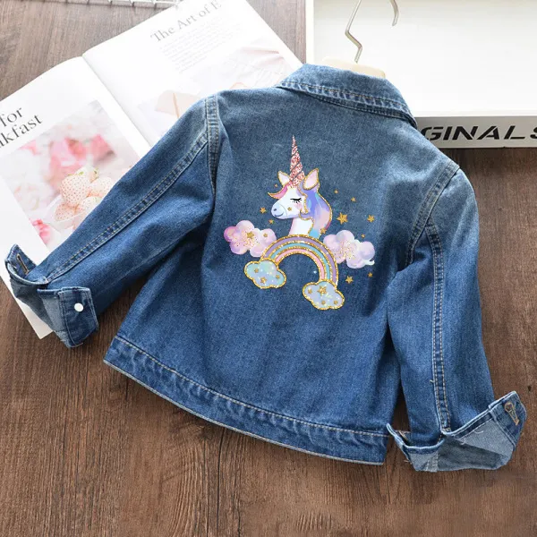 【18M-11Y】Girls Fashion Unicorn And Rainbow Print Blue Denim Jacket - 3142 - Thefolls.com 