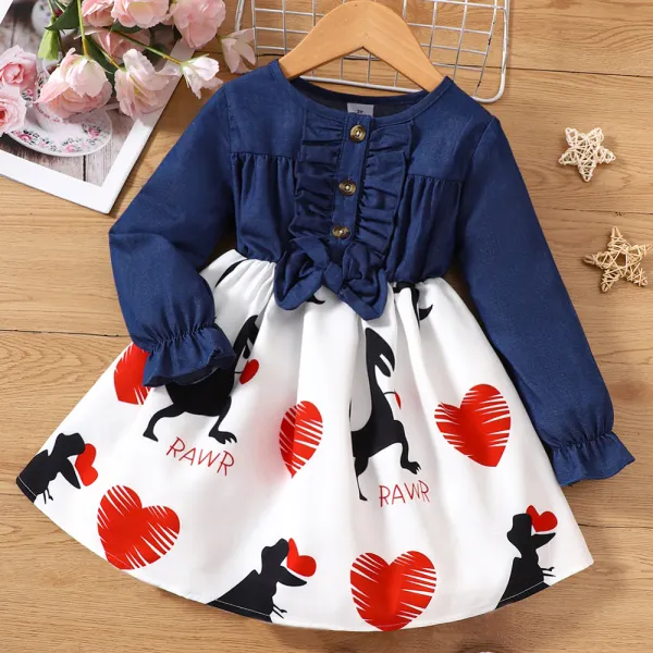 【18M-6Y】Girls Denim Heart Print Long Sleeve Dress - Thefolls.com 