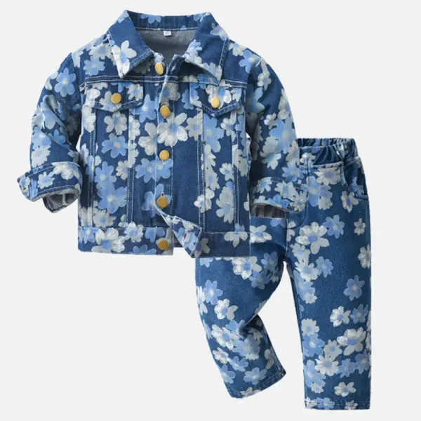 【12M-8Y】2-piece Boys Floral Denim Jacket And Pants Set - Thefolls.com 