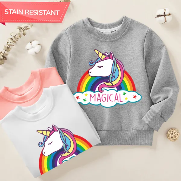 【12M-9Y】Girl Cotton Stain Resistant Unicorn Print Long Sleeve Sweatshirt - Thefolls.com 