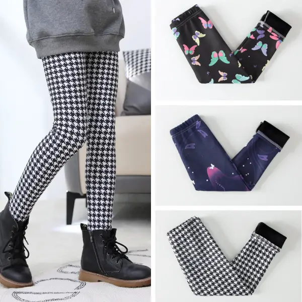 【2Y-13Y】Girls Casual Butterfly & Houndstooth & Flowers Fleece Leggings - Thefolls.com 