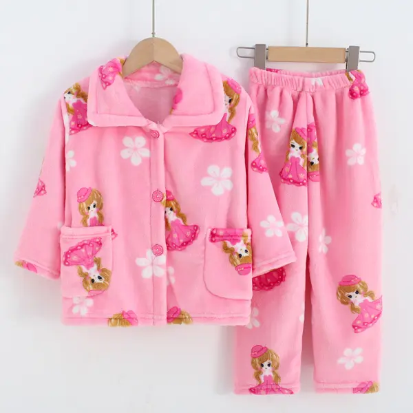 【18M-11Y】Girls Cartoon Printed Flannel Long-sleeved Pajamas Two-piece Suit - Thefolls.com 