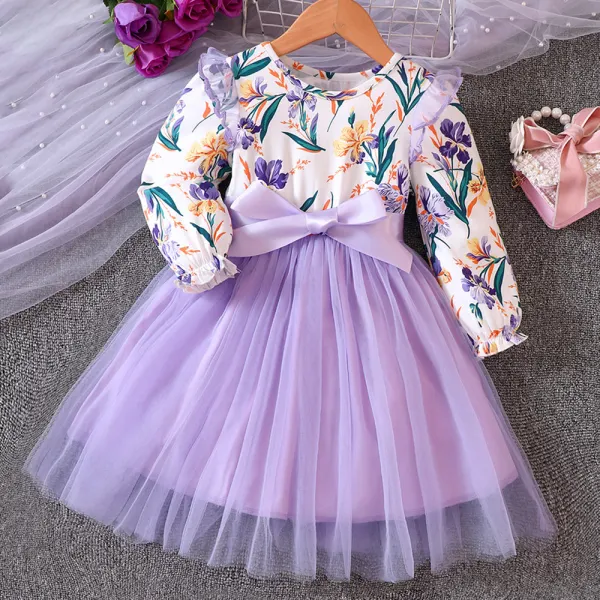 【18M-6Y】Girls Purple Floral Mesh Long-sleeved Dress - Thefolls.com 