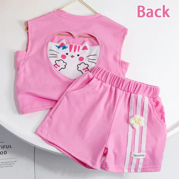 【12M-7Y】2-Piece Girls' Cat Embroidered T-Shirt And Shorts Set - Thefolls.com 