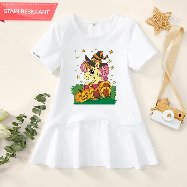 【18M-9Y】Girl Stain Resistant Cotton Halloween Unicorn Print Short-sleeved Dress - Thefolls.com 