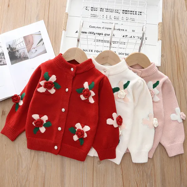 【12M-5Y】Girls Sweet Three-Dimensional Flower Sweater Cardigan - Thefolls.com 