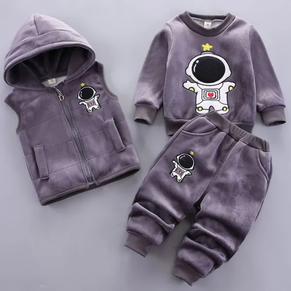 【9M-3Y】3-piece Unisex Baby Velvet Astronaut Embroidered Sweatshirt And Vest And Pants Set - Thefolls.com 