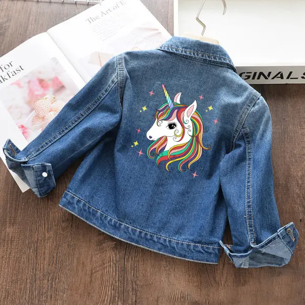 【18M-11Y】Girls Fashion Unicorn Print Blue Denim Jacket - 3142 - Thefolls.com 