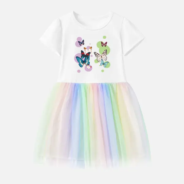 【12M-7Y】Girl Butterfly Print Cotton Stain Resistant Cartoon Splicing Tulle Short Sleeve Dress - Thefolls.com 