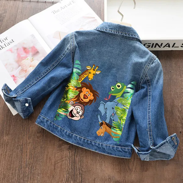 【18M-11Y】Kids Casual Giraffe And Elephant Cartoon Animal Print Blue Denim Jacket - Thefolls.com 