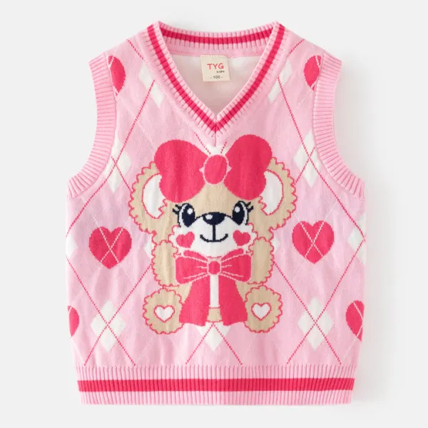 【2Y-7Y】Girls Cute Bear And Bow Jacquard Pink V-Neck Sweater Vest - Thefolls.com 