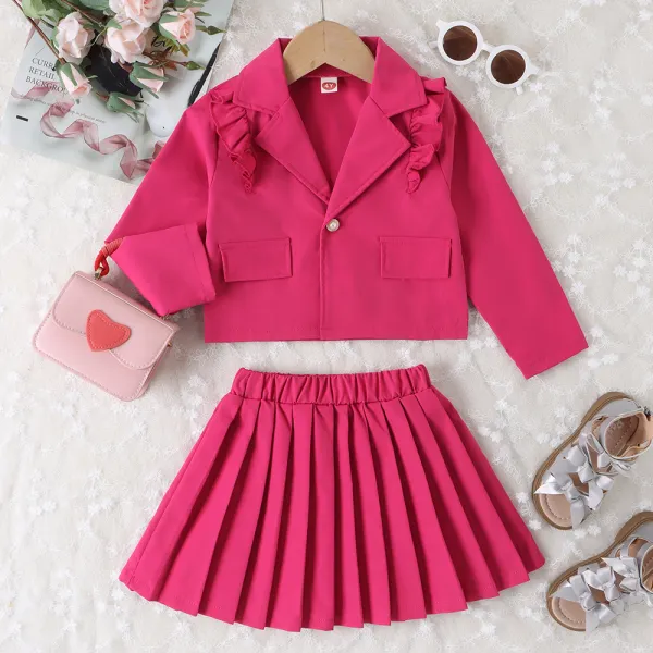 【3Y-7Y】2-piece Girl Fashion Rose Red Lapel Long Sleeve Top Coat And Pleated Skirt Set - Thefolls.com 